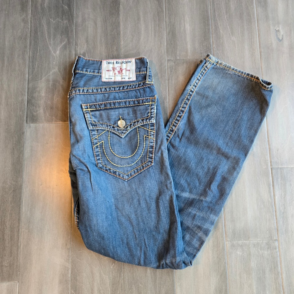 True Religion Ricky Relaxed Straight Blue Jeans button pockets Mens 31 x 31